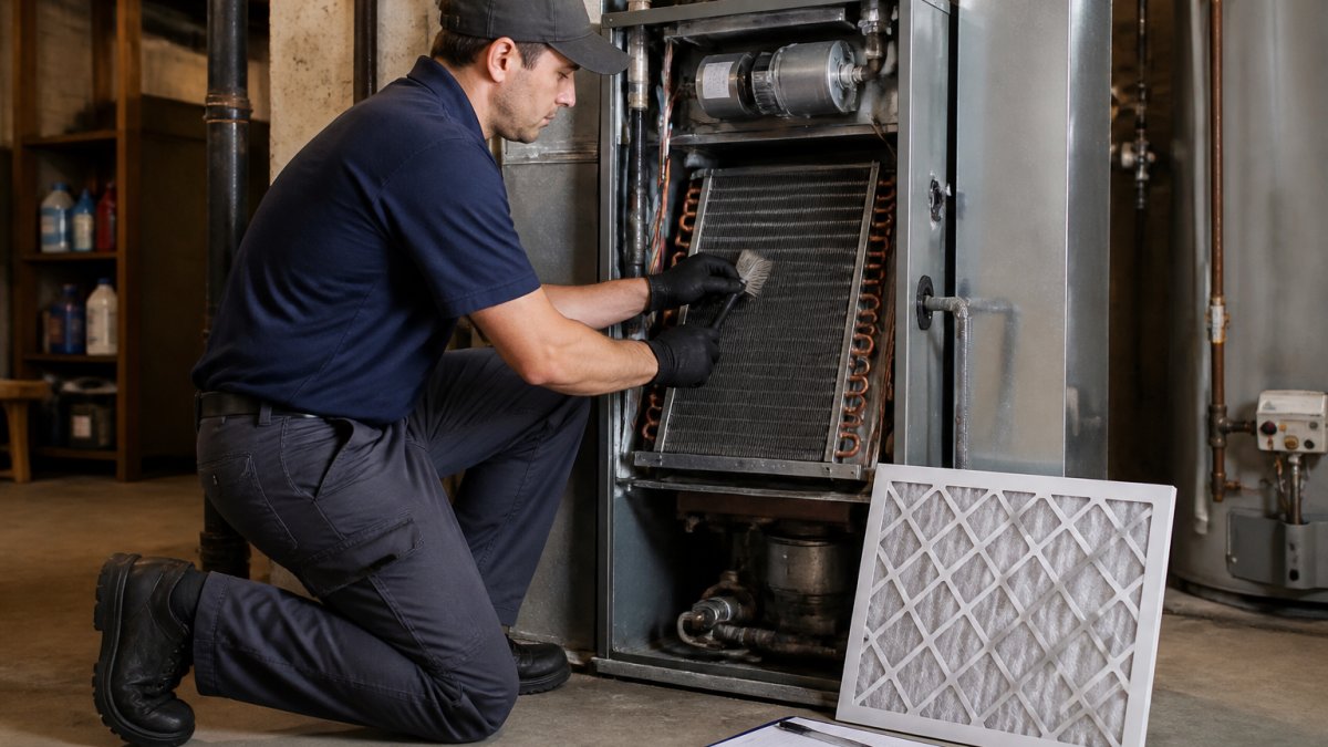 A licensed HVAC technician in uniform kneeling beside a residential furnace in a tidy basement, cleaning the evaporator coil with hand tools, a clipboard and a fresh air filter resting nearby