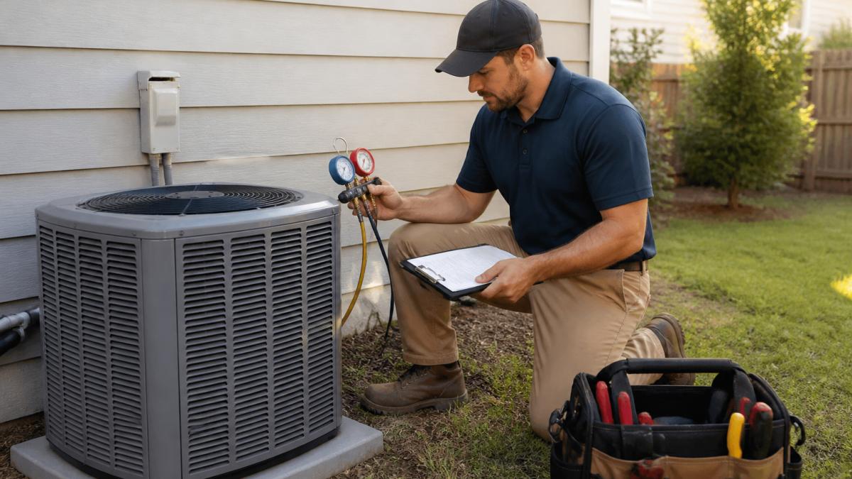 HVAC technician inspecting a central air unit to determine AC replacement cost for a residential home
