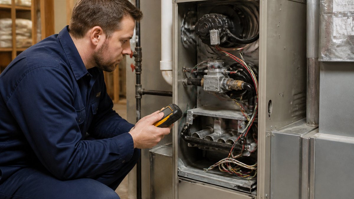 A licensed HVAC technician in clean work clothes inspecting a residential gas furnace in a basement utility room, holding a diagnostic tool, with the furnace panel open and labeled components visible