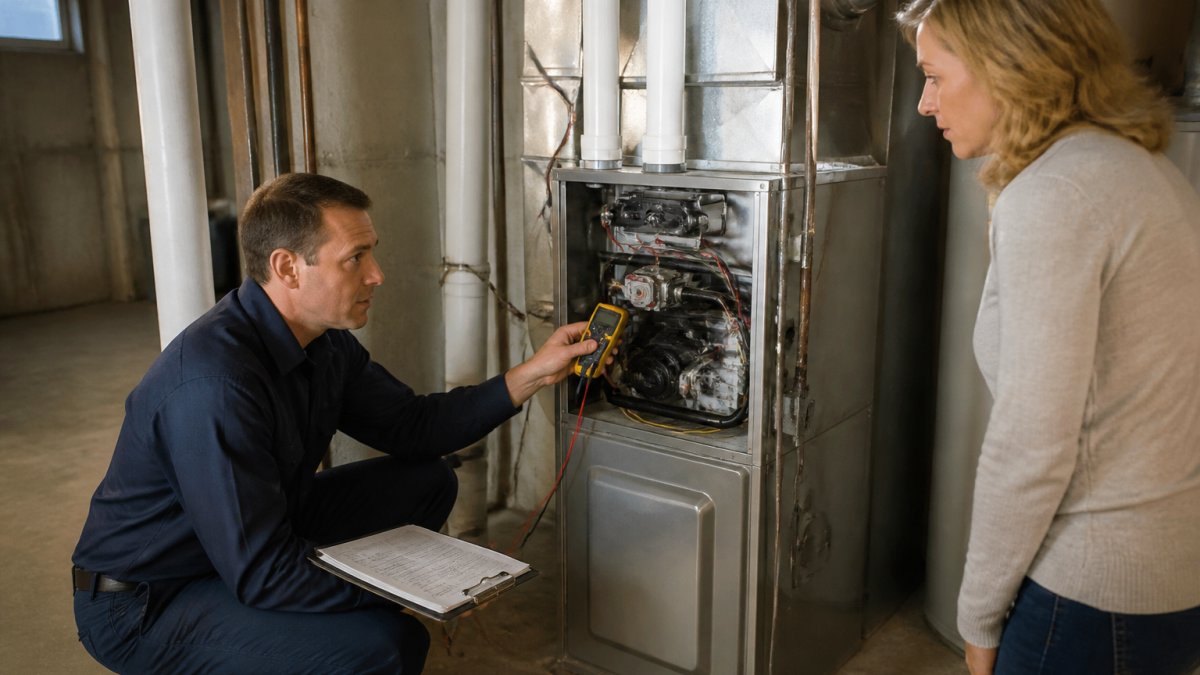 Licensed technician performing an hvac repair on a residential furnace with a homeowner observing